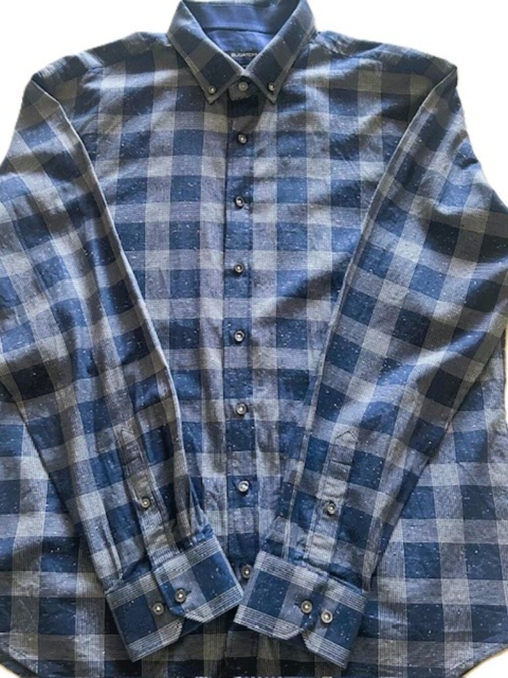 Bugatchi Shirt Mens XXL Button Up Shaped Fit Large Scale Check Blue Gray read